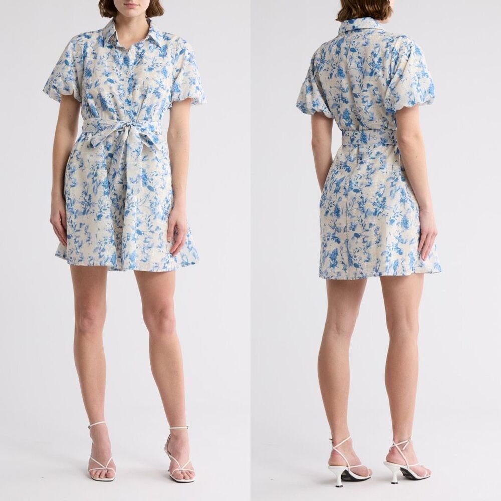 Sam Edelman Floral Embroidered Eyelet Puff Sleeve Mini Shirtdress White Blue, 14
